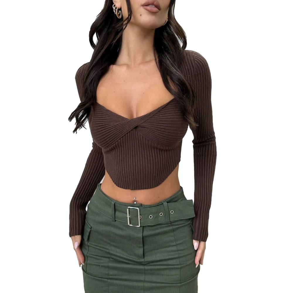 Long Sleeve Crop Top Irregular Hem Slim Fit Twist Front Long Sleeve Ribbed Shirt For Daily Life Brown L