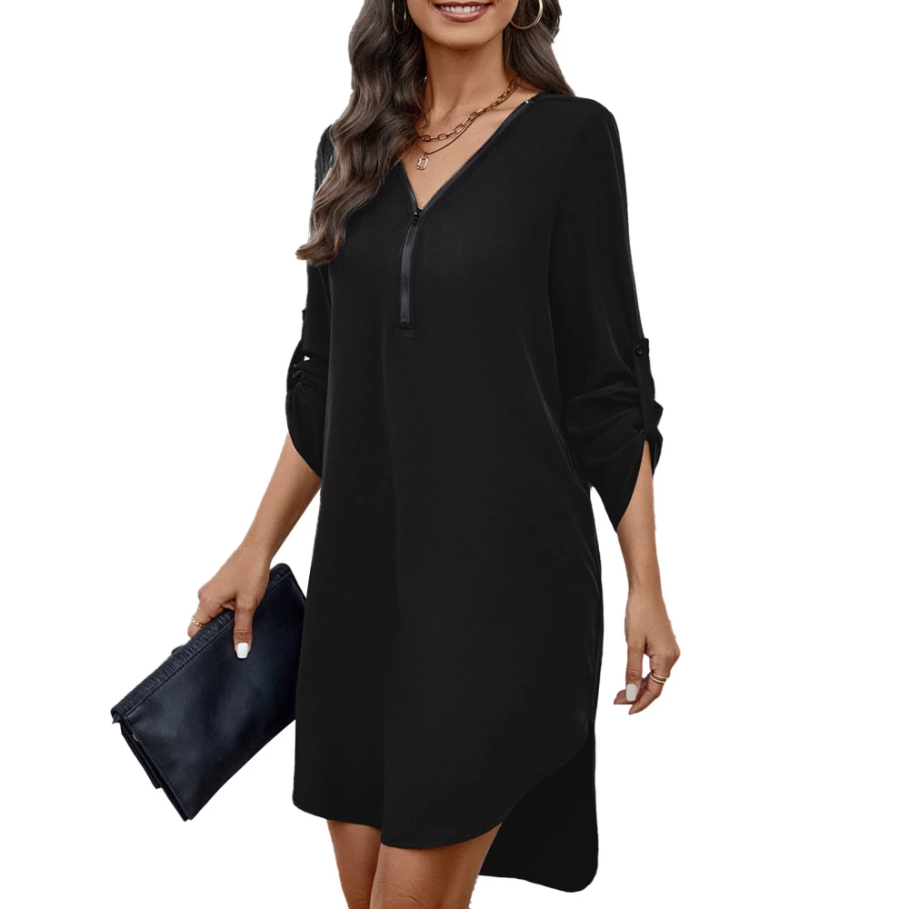 Long Sleeve Dress V Neck Split Zipper Design Mid Length Pure Color Breathable Skin Friendly Women Dress for Parties Holiday Black S