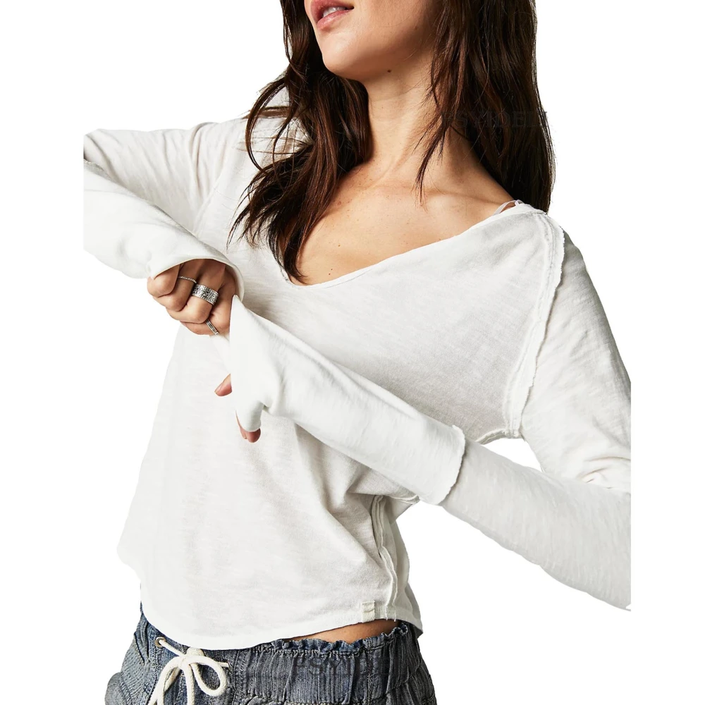 Long Sleeve Basic Tee Shirt V Neckline Asymmetrical Hem Plain Color Loose Fitted Basic Tee Shirt White L