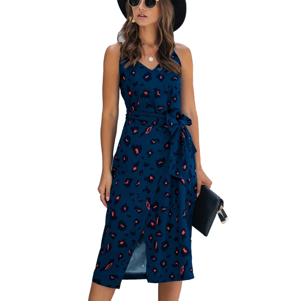 Women Spaghetti Strap Dress V Neck Wrap Slit Hem Belted Summer Printing Midi Dress Dark Blue S