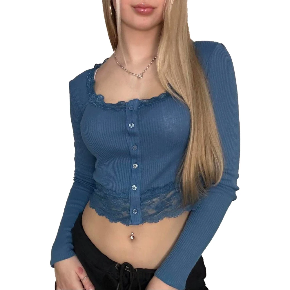 Women Top Lace Stitching Front Button Long Sleeve Plain Slim Fit Cropped Blouse for Work Parties Blue L