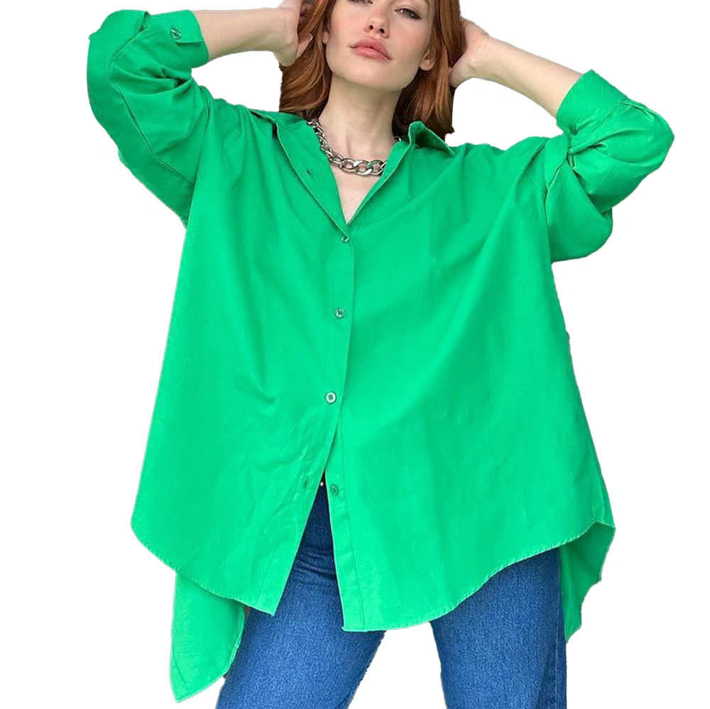 Open Back Button Up Blouse Turn Down Collar Fashionable Personality Plain Color Open Back Blouse Green S