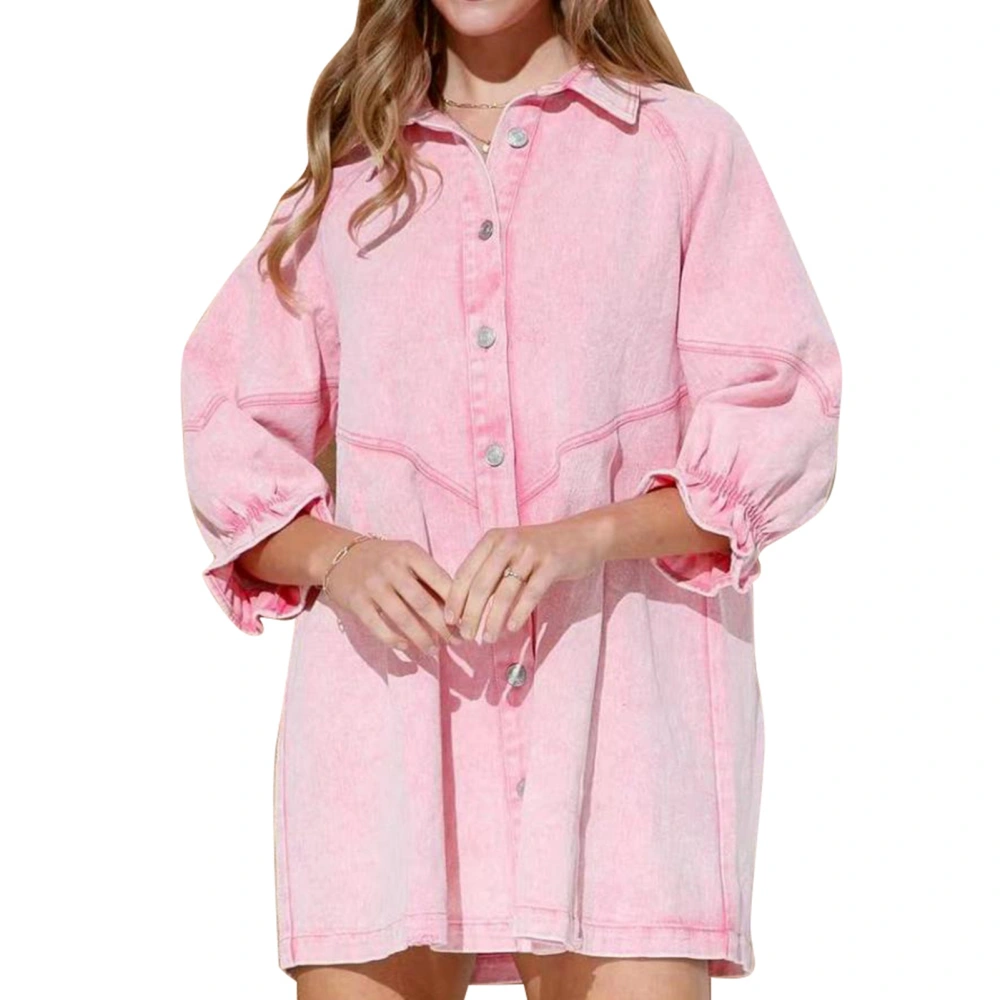 Women Dress Turn Down Collar Button Down Loose Comfortable Breathable Skin Friendly Puff Lantern Sleeve Dress for Parties Dating Pink L