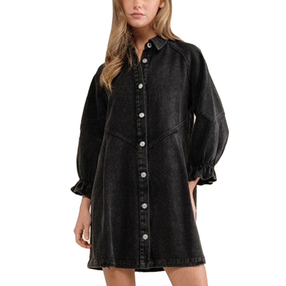 Women Dress Turn Down Collar Button Down Loose Comfortable Breathable Skin Friendly Puff Lantern Sleeve Dress for Parties Dating Black M