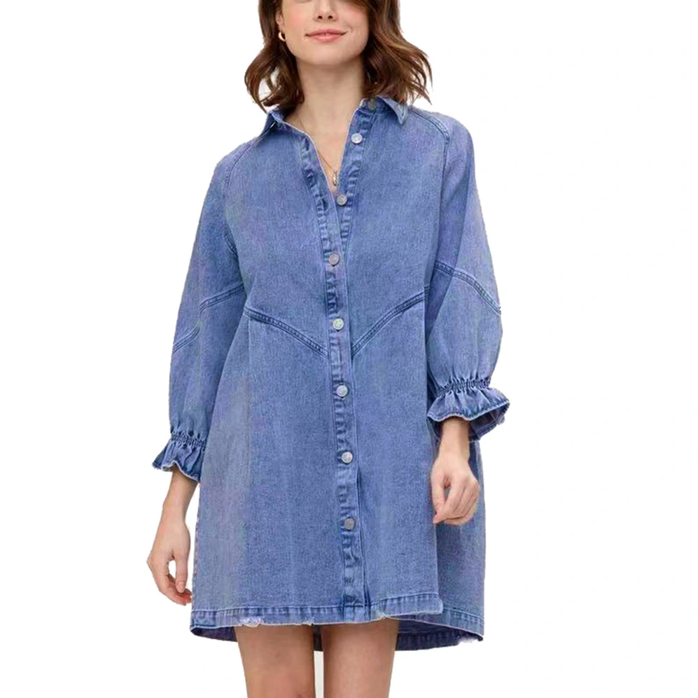 Women Dress Turn Down Collar Button Down Loose Comfortable Breathable Skin Friendly Puff Lantern Sleeve Dress for Parties Dating Blue S