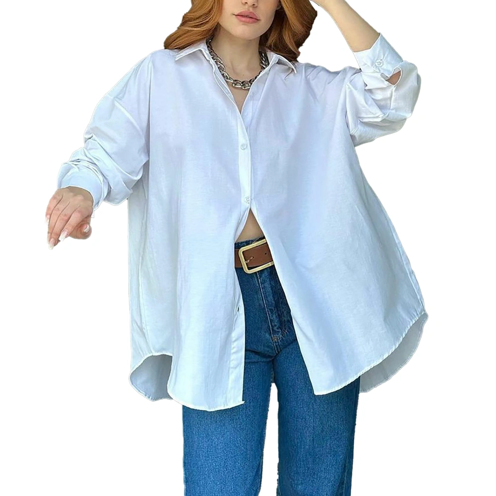 Open Back Button Up Blouse Turn Down Collar Fashionable Personality Plain Color Open Back Blouse White M