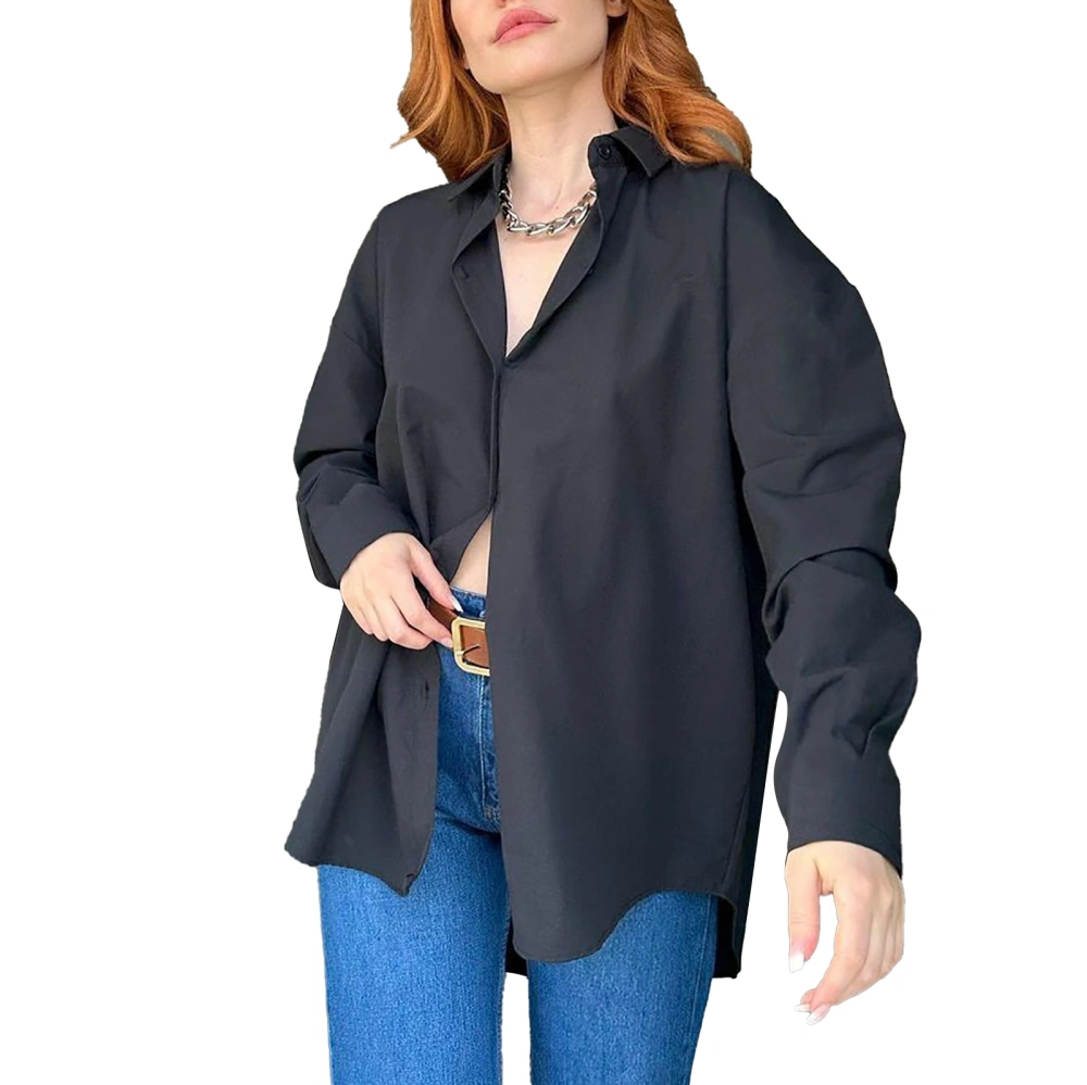 Open Back Button Up Blouse Turn Down Collar Fashionable Personality Plain Color Open Back Blouse Black S