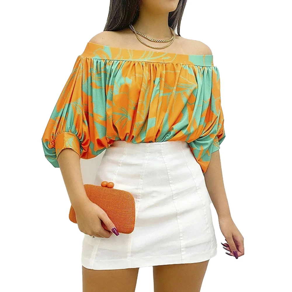 Women Off Shoulder Top Printed Fashionable Pleated Casual Fitted Off Shoulder Blouse for Lady Daily Life Orange M