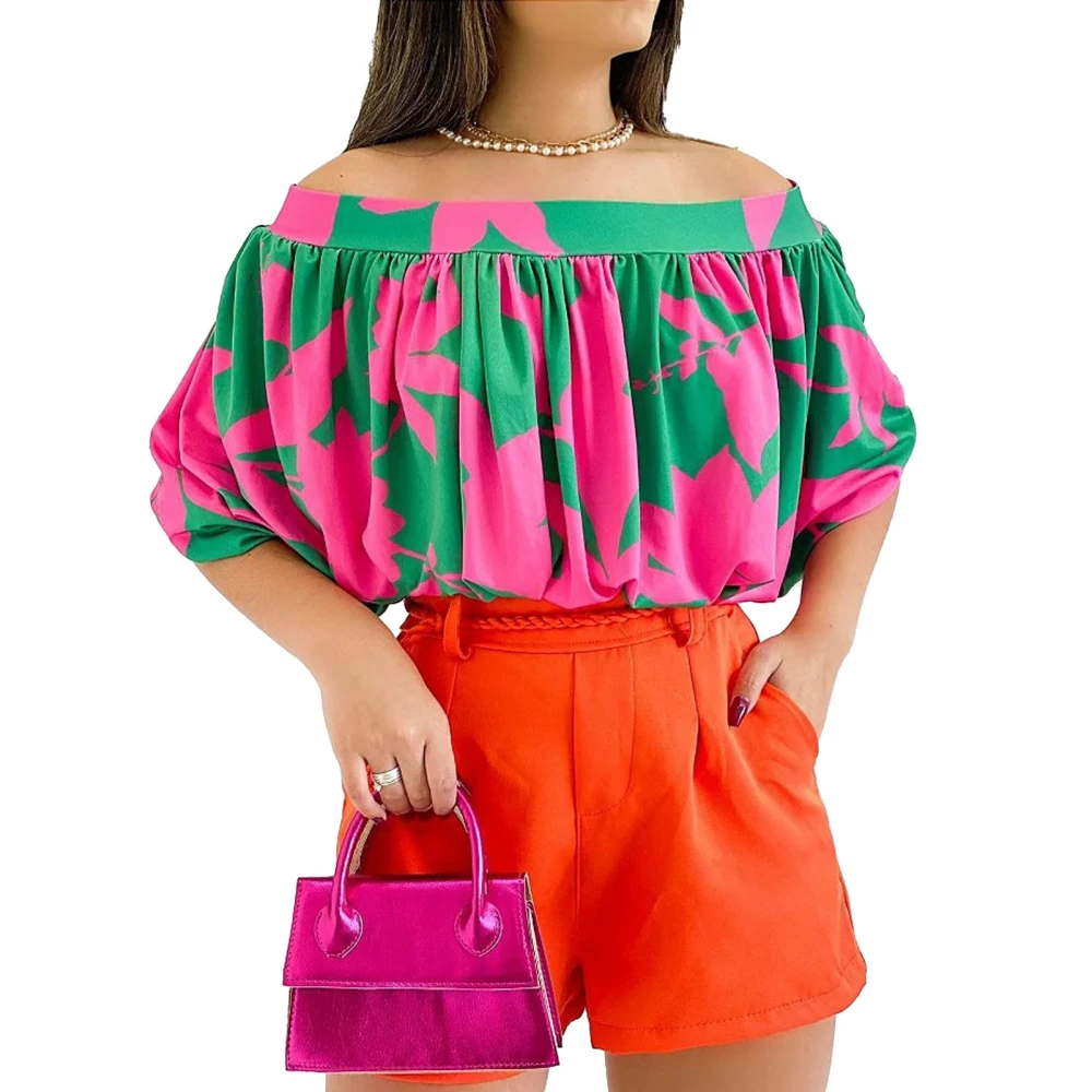 Women Off Shoulder Top Printed Fashionable Pleated Casual Fitted Off Shoulder Blouse for Lady Daily Life Rose Red M