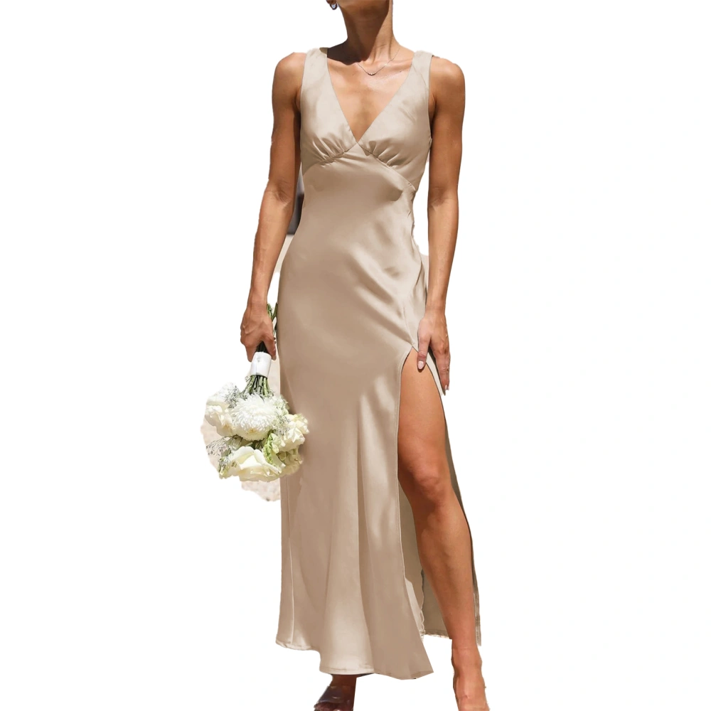 Side Split Long Dress V Neck Sleeveless Back Zipper Stylish Elegant Satin Maxi Dress for Wedding Evening Party Apricot S