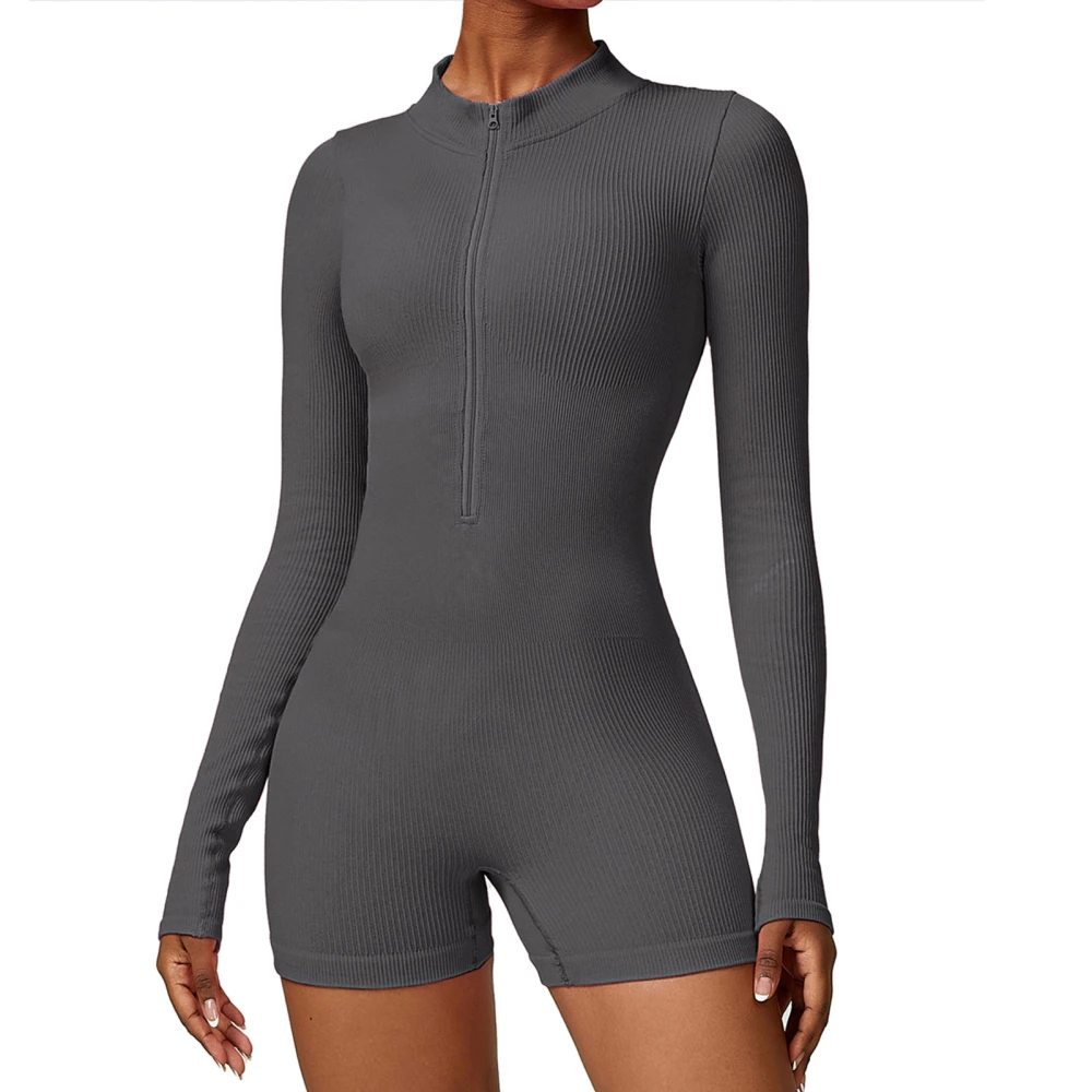 Women Slim Fit Bodycon Jumpsuit Long Sleeve Tummy Control Crew Neck One Piece Bodysuit Gray M