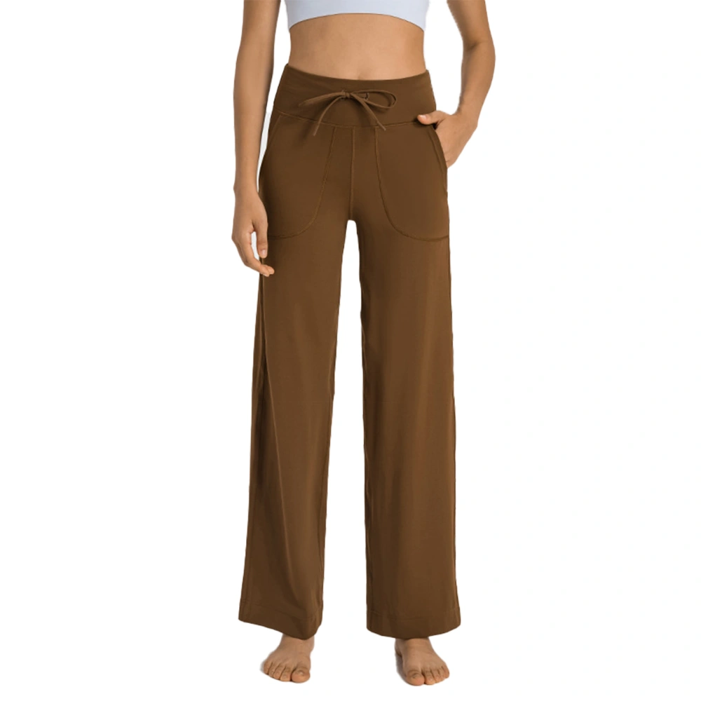 Women Drawstring Wide Leg Casual Pants with Side Pockets Tummy Control Straight Leg Yoga Workout Fitness Long Pants Brown 6