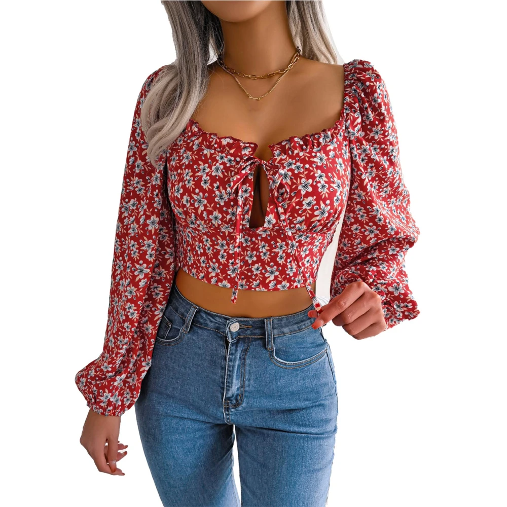 Women Print Blouse Puff Long Sleeve Short Style Ruffled Bust Tie Strap Fashionable Top for Shopping Party Red XL