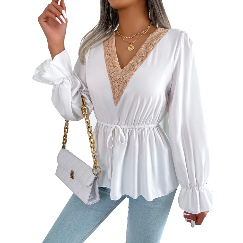 Flare Sleeve Blouse V Neck Lace Trim Drawstring Cinched Waist Long Sleeve Blouse for Daily Life White S