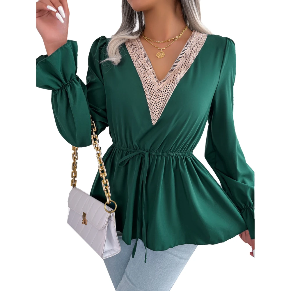 Flare Sleeve Blouse V Neck Lace Trim Drawstring Cinched Waist Long Sleeve Blouse for Daily Life Green XL