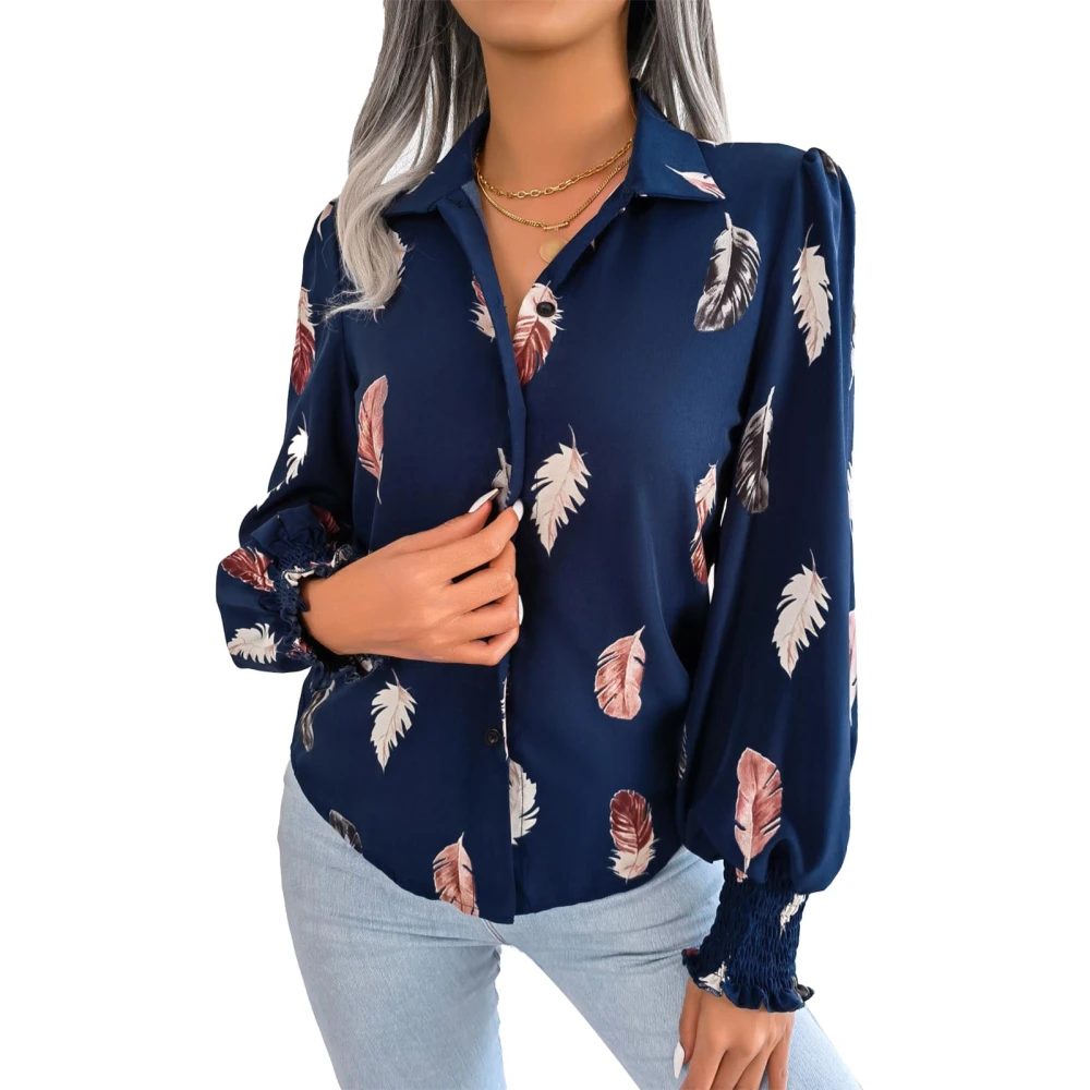 Women Floral Print Button Up Shirt Feather Pattern Lantern Long Sleeve Shirred Button Top Blue XL