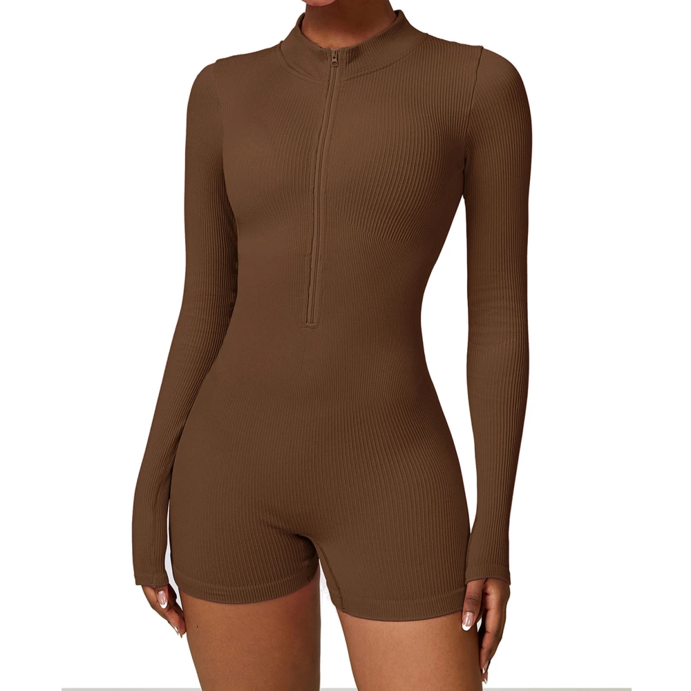 Women Slim Fit Bodycon Jumpsuit Long Sleeve Tummy Control Crew Neck One Piece Bodysuit Coffee S