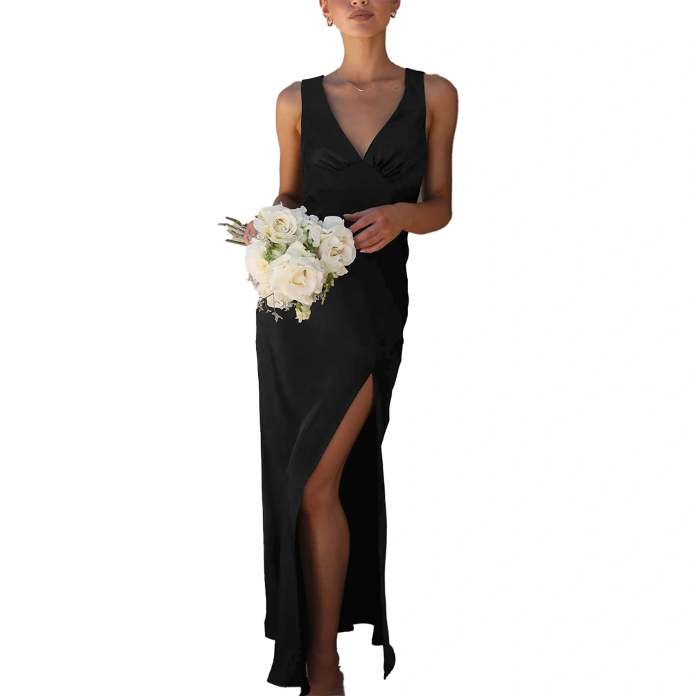 Side Split Long Dress V Neck Sleeveless Back Zipper Stylish Elegant Satin Maxi Dress for Wedding Evening Party Black XL