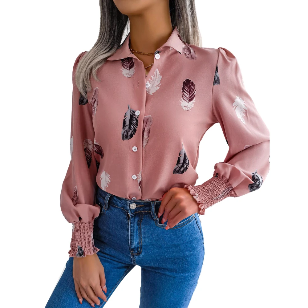 Women Floral Print Button Up Shirt Feather Pattern Lantern Long Sleeve Shirred Button Top Pink M