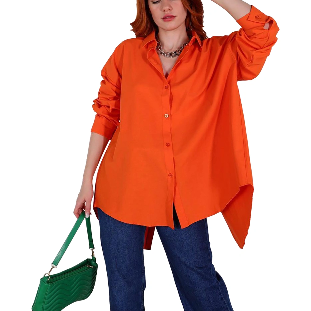 Open Back Button Up Blouse Turn Down Collar Fashionable Personality Plain Color Open Back Blouse Orange XL