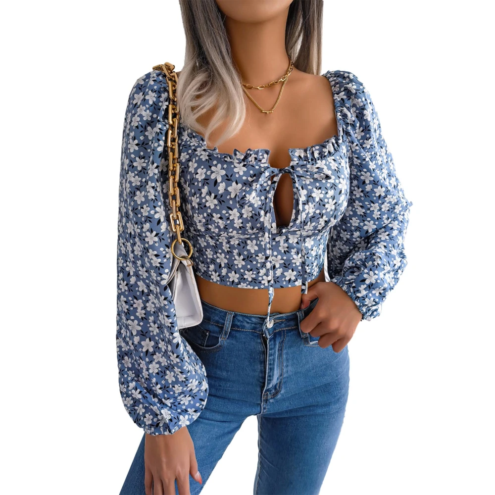 Women Print Blouse Puff Long Sleeve Short Style Ruffled Bust Tie Strap Fashionable Top for Shopping Party Grey Blue L