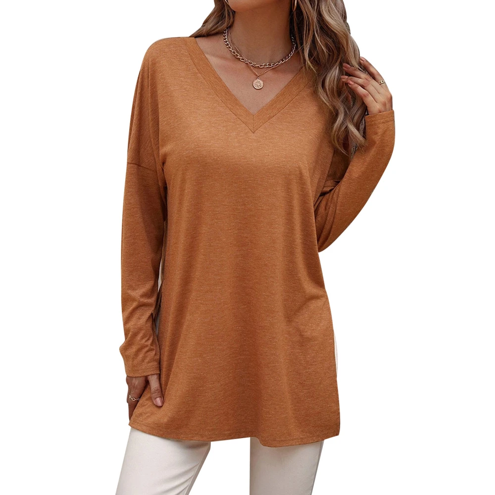 Women Long Knitted Blouse V Neckline Side Split Pure Color Long Sleeve Drop Shoulder Casual Fitted Knitted Blouse Orange Brown XL