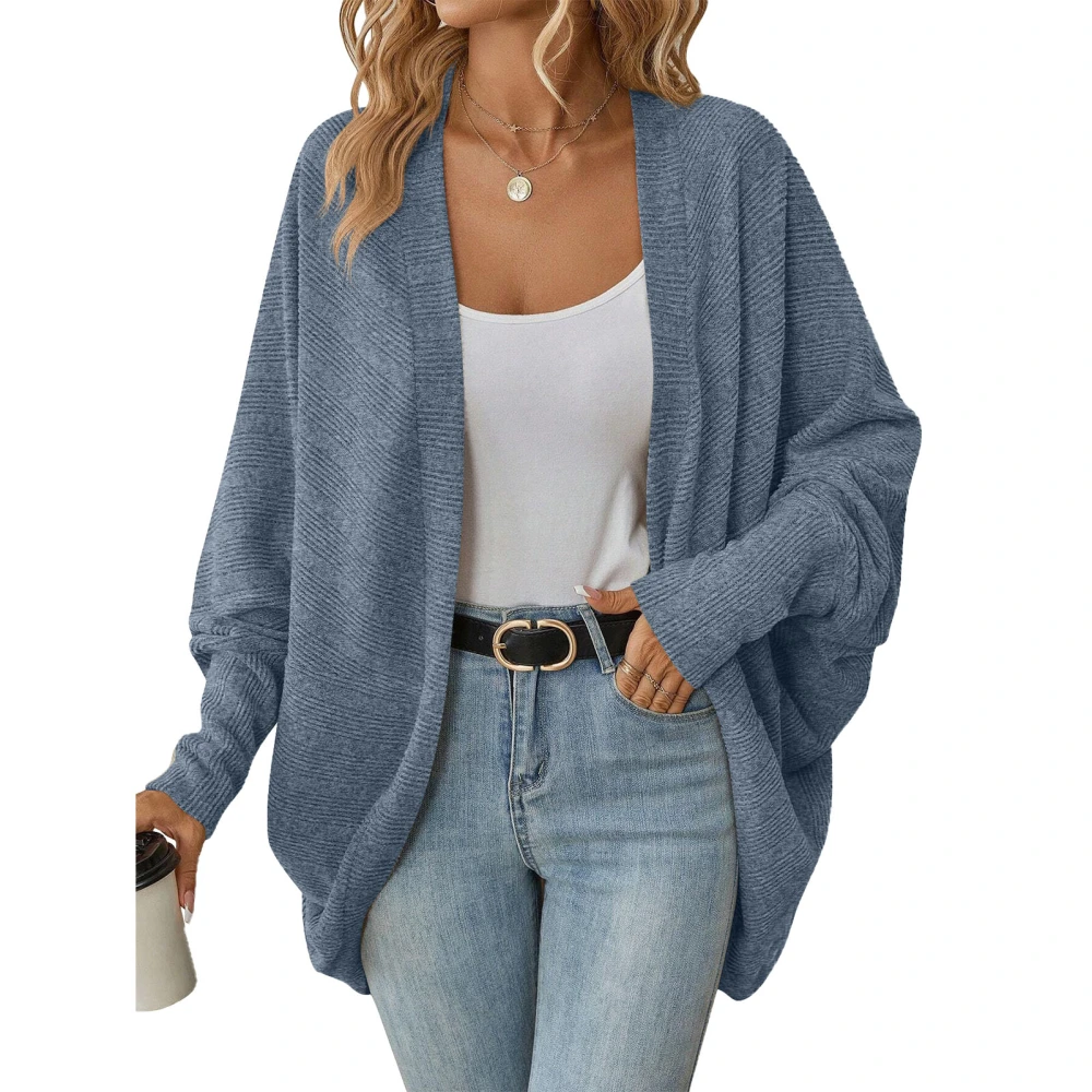 Open Front Solid Loose Knit Coat Pure Color Long Sleeve Casual All Match Knitting Coat for Women Blue XXL