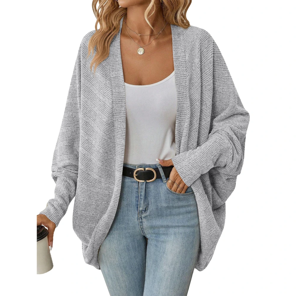 Open Front Solid Loose Knit Coat Pure Color Long Sleeve Casual All Match Knitting Coat for Women Light Gray L