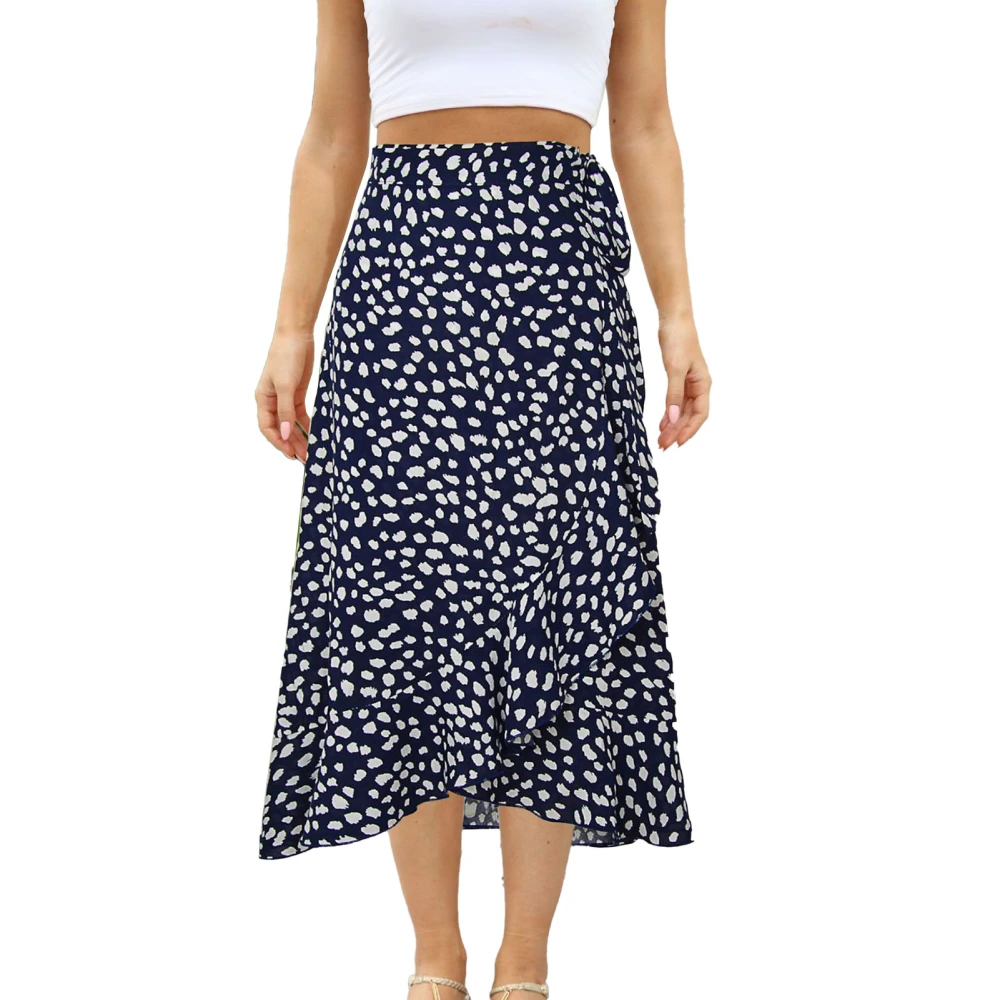 Women High Waist Wrap Skirt Flroal Print One Piece Ruffle Hem Flowy Tie Waisted Skirt Navy Blue M