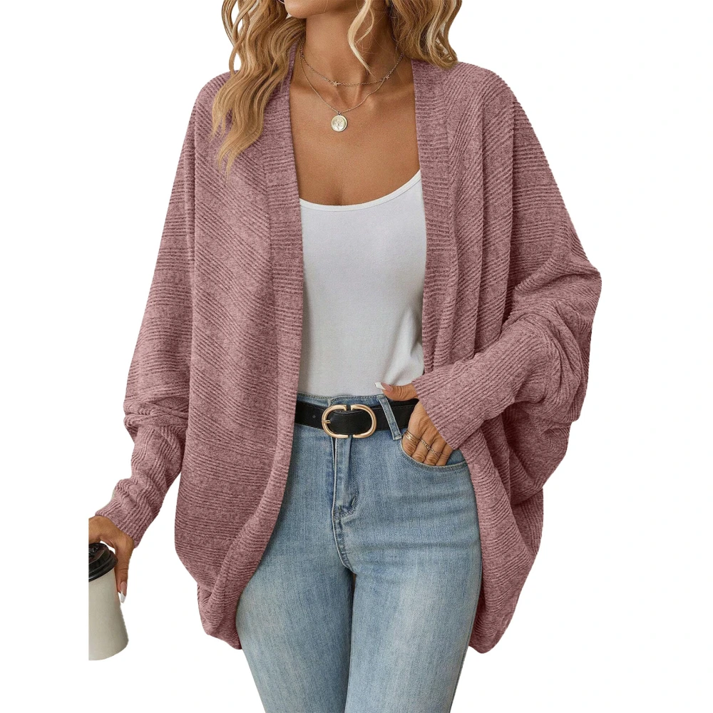 Open Front Solid Loose Knit Coat Pure Color Long Sleeve Casual All Match Knitting Coat for Women Pink XXL