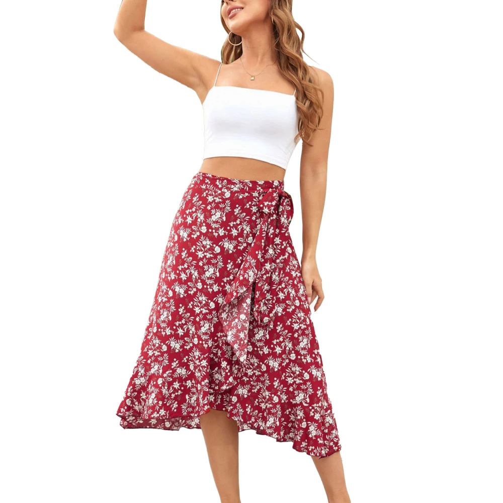 Women High Waist Wrap Skirt Flroal Print One Piece Ruffle Hem Flowy Tie Waisted Skirt Red XL