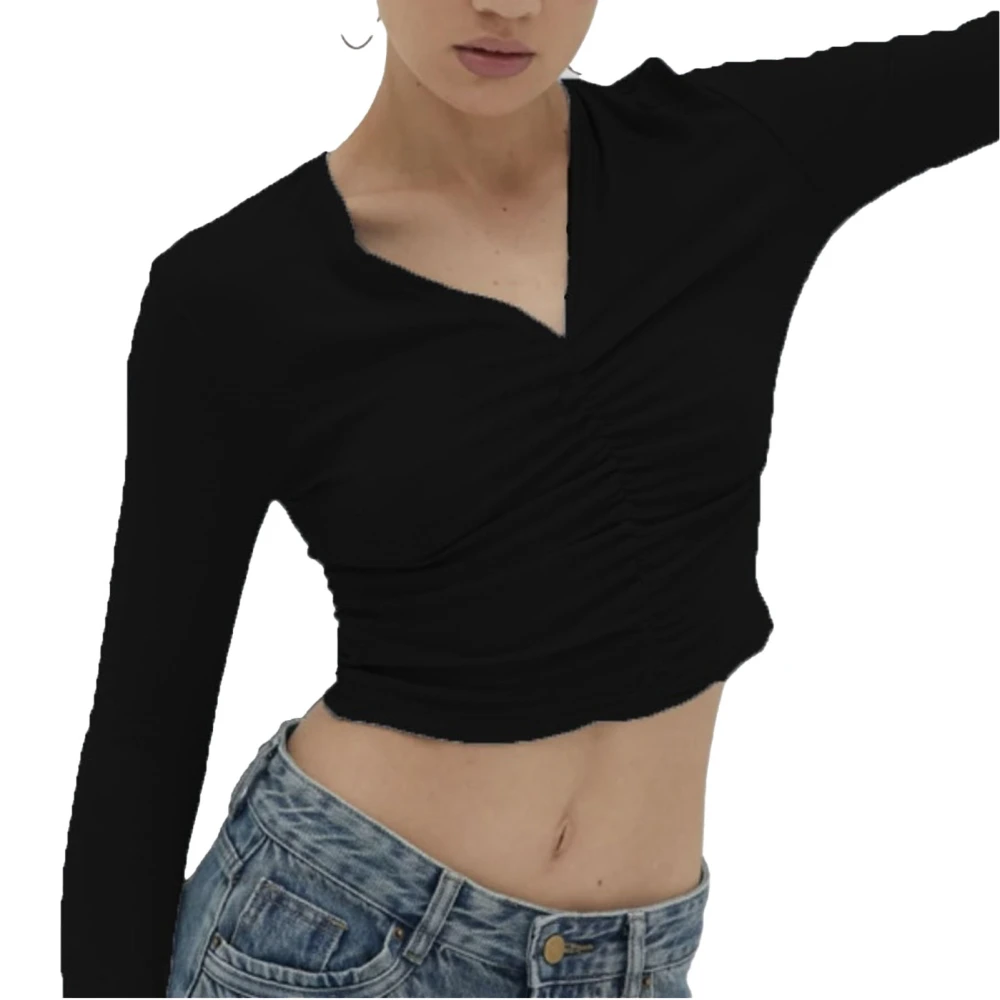 Women Blouse V Neck Long Sleeve Pleated Solid Color Slim Fit Simple Cropped Top for Daily Work Black S