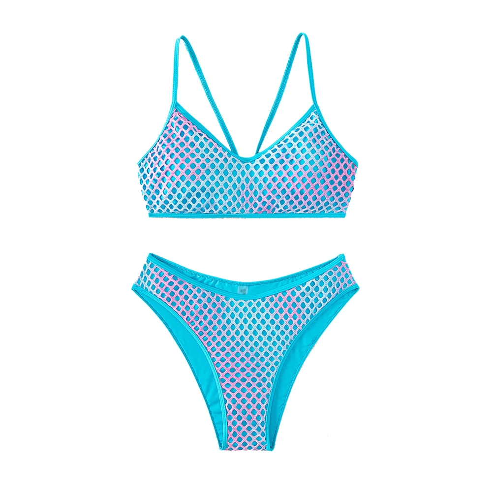 Women Bikini Swimsuit Back Crossing Straps High Cut Briefs Two Pieces Bathing Suit with Chest Pads Light Blue XL