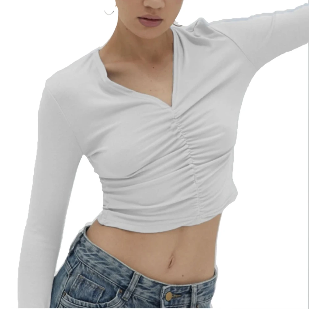 Women Blouse V Neck Long Sleeve Pleated Solid Color Slim Fit Simple Cropped Top for Daily Work White L