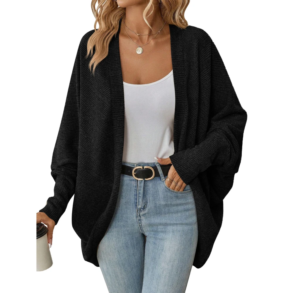 Open Front Solid Loose Knit Coat Pure Color Long Sleeve Casual All Match Knitting Coat for Women Black L