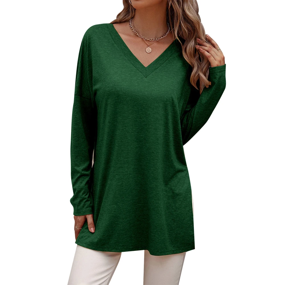 Women Long Knitted Blouse V Neckline Side Split Pure Color Long Sleeve Drop Shoulder Casual Fitted Knitted Blouse Green L