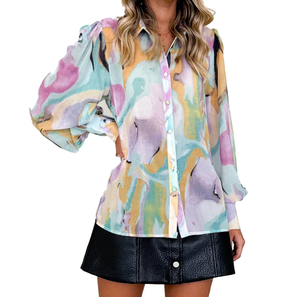 Women Print Elastic Cuff Loose Shirt Fashion Print Button Up Blouse Turn Down Collar Long Sleeve Stylish Shirt Yellow Purple Print L