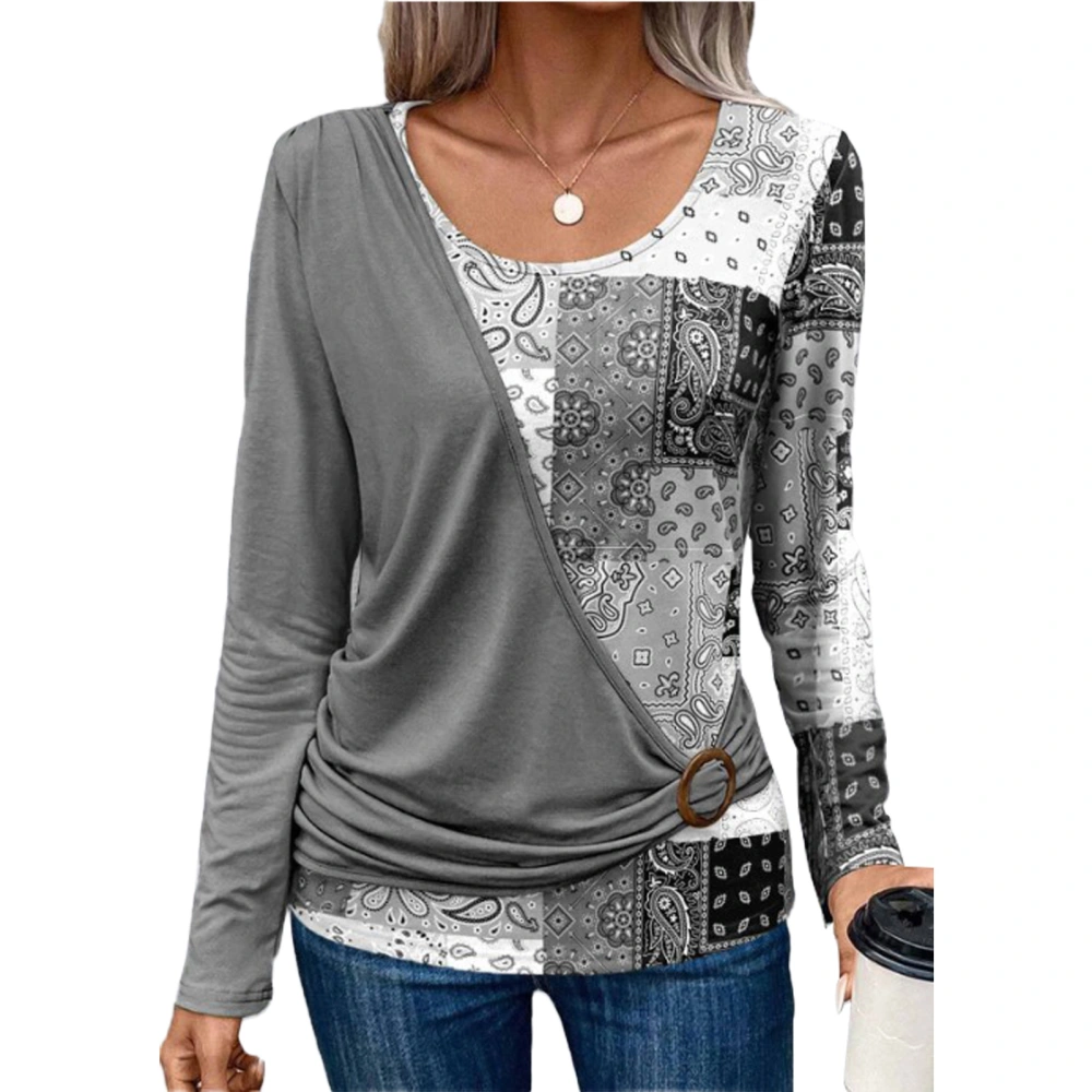 Patchwork Fake Two Pieces Blouse Round Collar Long Sleeve Stitching Fake Two Pieces Top for Autumn Grey XL