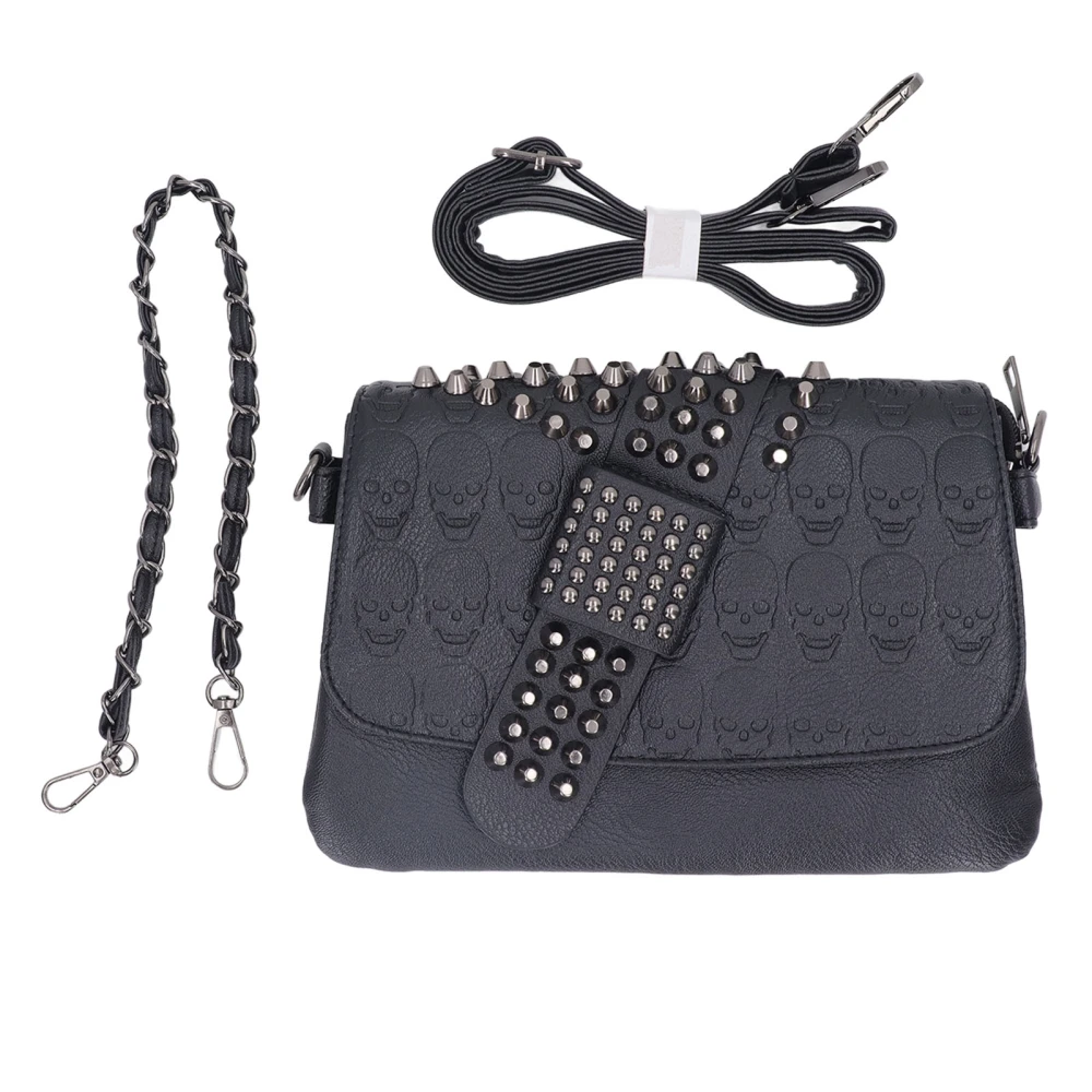 Women Shoulder Bag Rivets Decor Skull Embossed Large Capacity Messenger Bag with Chain Straps Black Free Size