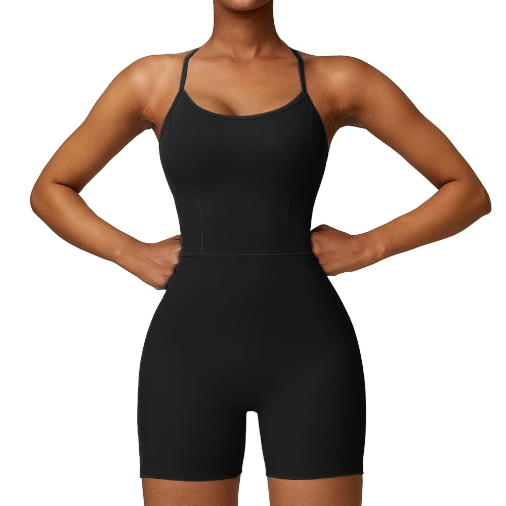 Bodysuit Shaper Shorts Spaghetti Strap Plain Color U Neck X Shape Backless Full Body Shapewear Black M