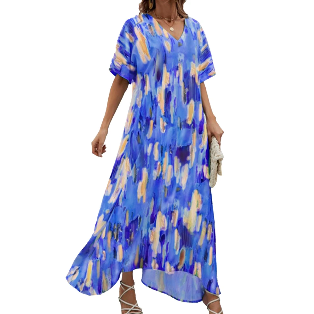 Women Maxi Dress Loose Fit Short Sleeve V Neck Unique Printing Long Dress for Dating Vacation Beach Royalblue L