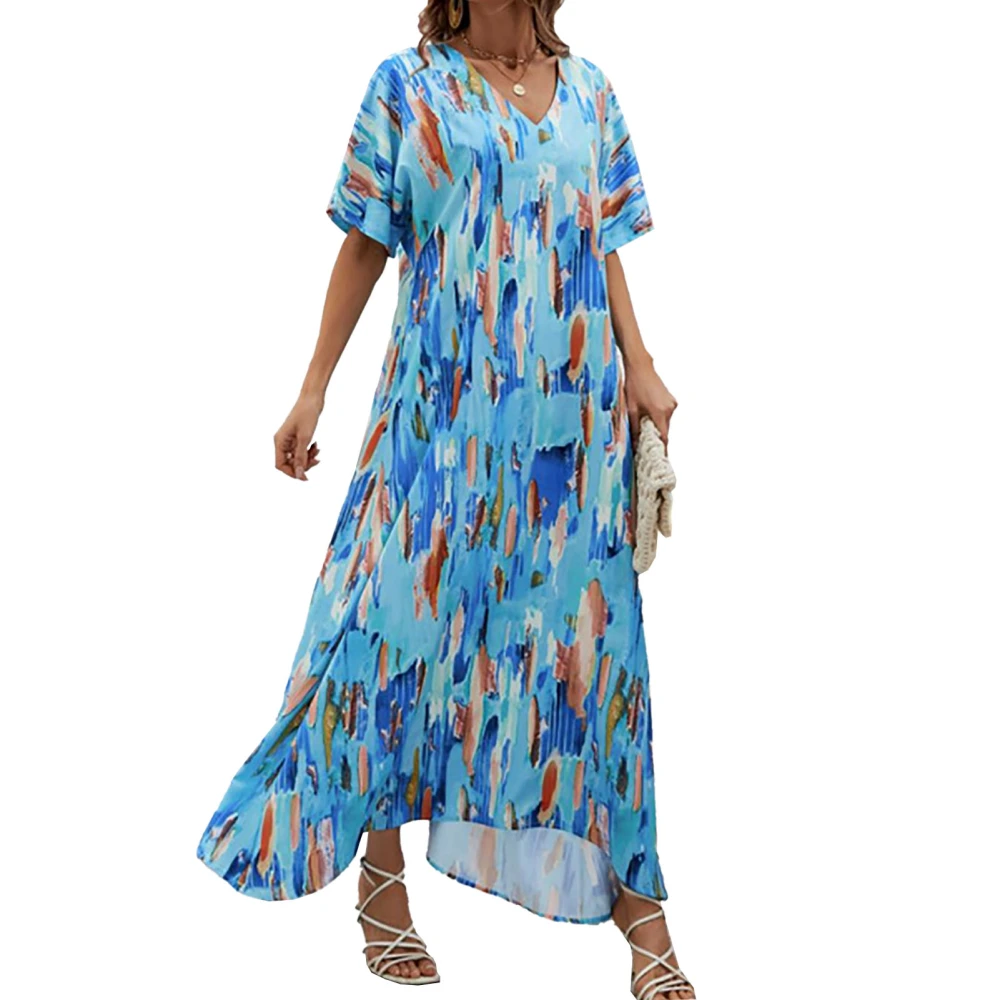 Women Maxi Dress Loose Fit Short Sleeve V Neck Unique Printing Long Dress for Dating Vacation Beach Blue L