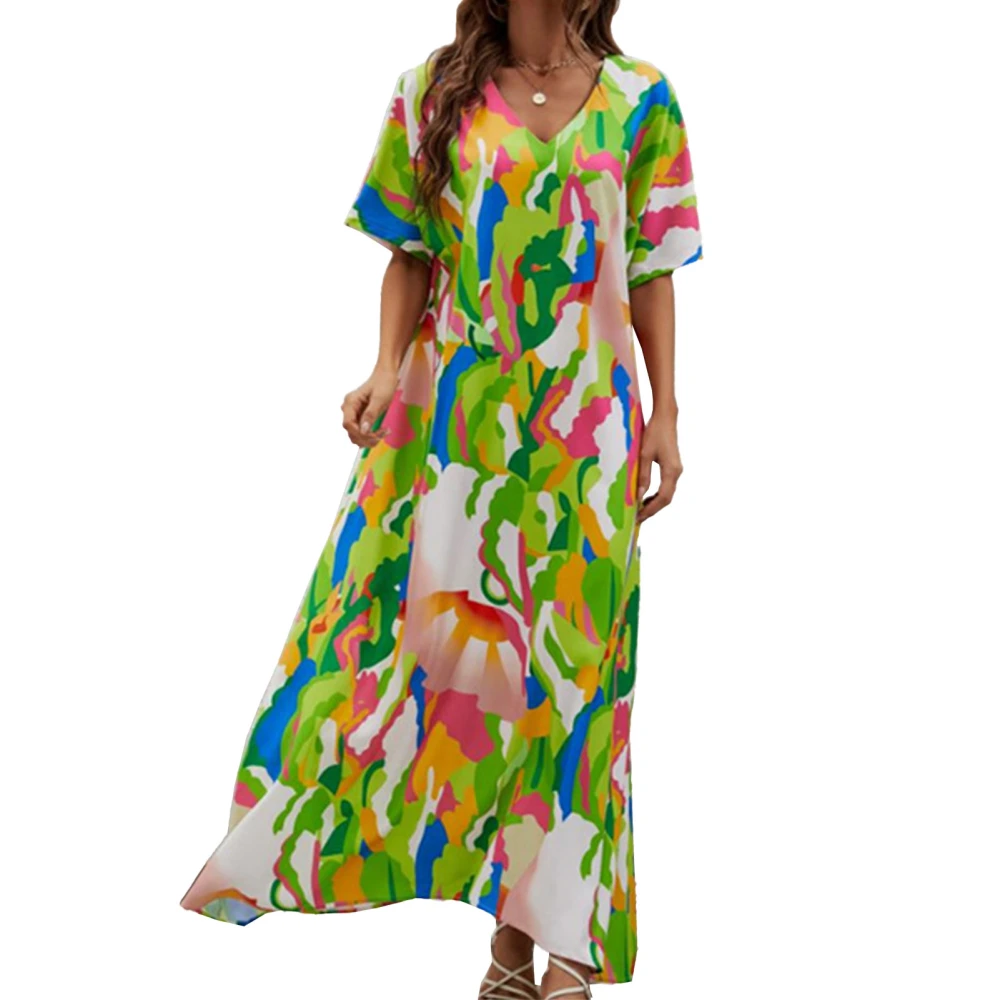 Women Maxi Dress Loose Fit Short Sleeve V Neck Unique Printing Long Dress for Dating Vacation Beach Green M