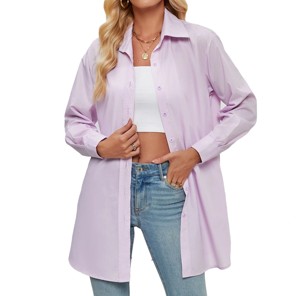 Women Long Button Up Tee Shirt Turn Down Collar Long Sleeve Casual Fitted Fashionable Plain Color Button Up Blouse Light Purple L