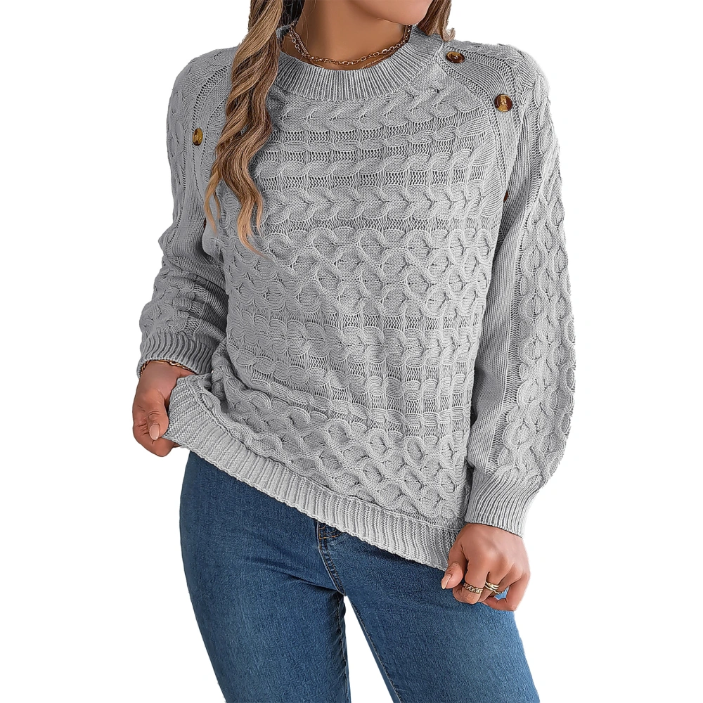 Women Cable Knit Sweater Crew Neck Long Sleeve Button Decoration Pullover Knitted Top Grey M