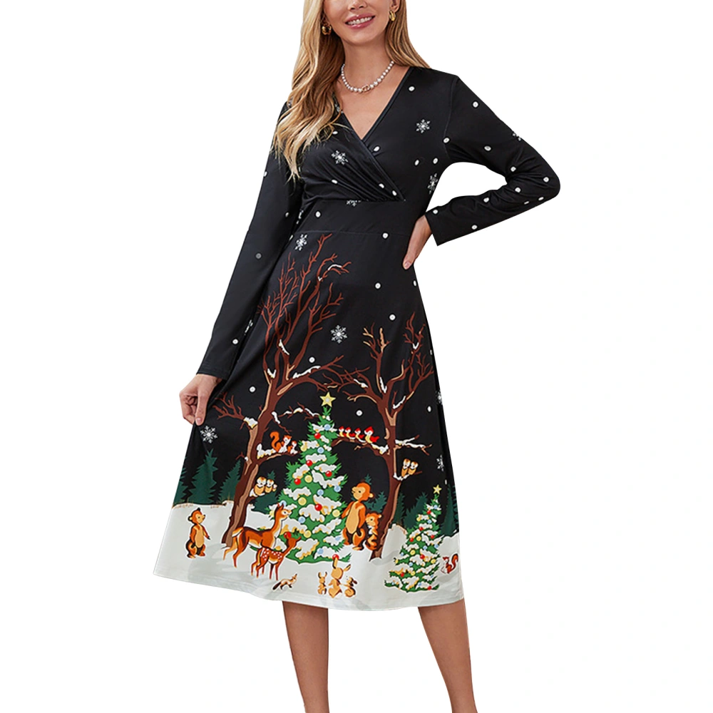 Women Christmas Print Long Dress V Neck Long Sleeve Wasit Slimming Christmas Pattern Casual Dress Black Type C XXL