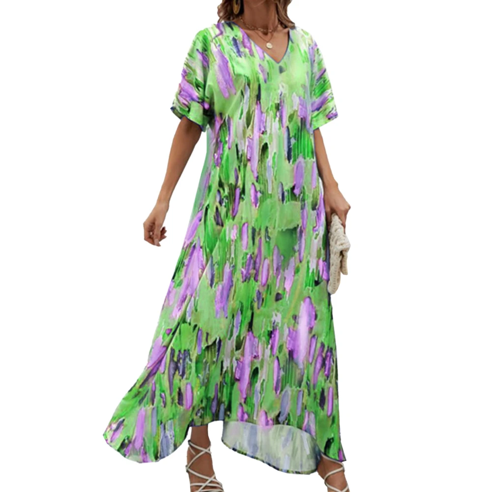 Women Maxi Dress Loose Fit Short Sleeve V Neck Unique Printing Long Dress for Dating Vacation Beach Dark Green XL