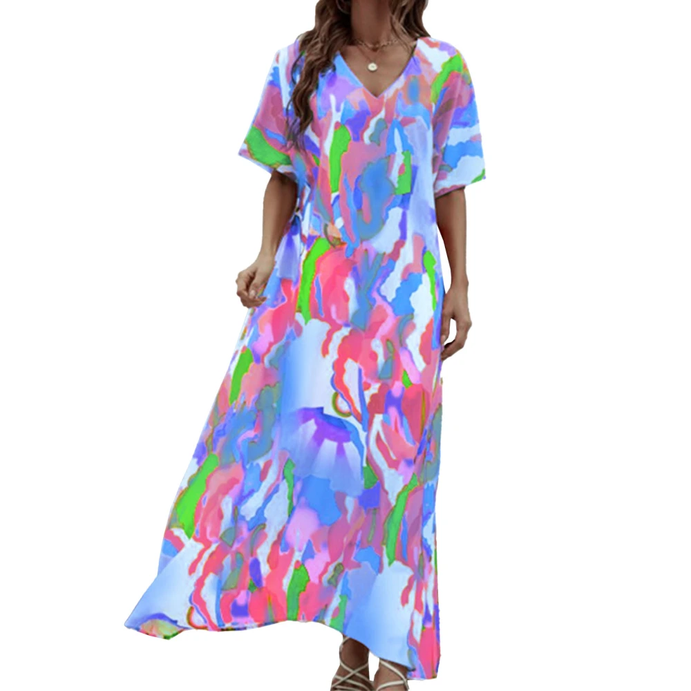 Women Maxi Dress Loose Fit Short Sleeve V Neck Unique Printing Long Dress for Dating Vacation Beach Blue Purple M