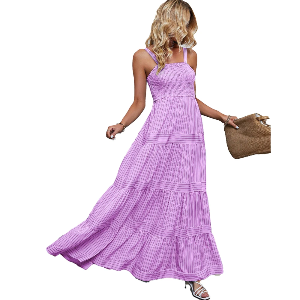 Women Shirred Waist Striped Long Dress Sleeveless Waist Slimming Ruffle Hem Spaghetti Strap Stylish Stripe Dress Purple XL