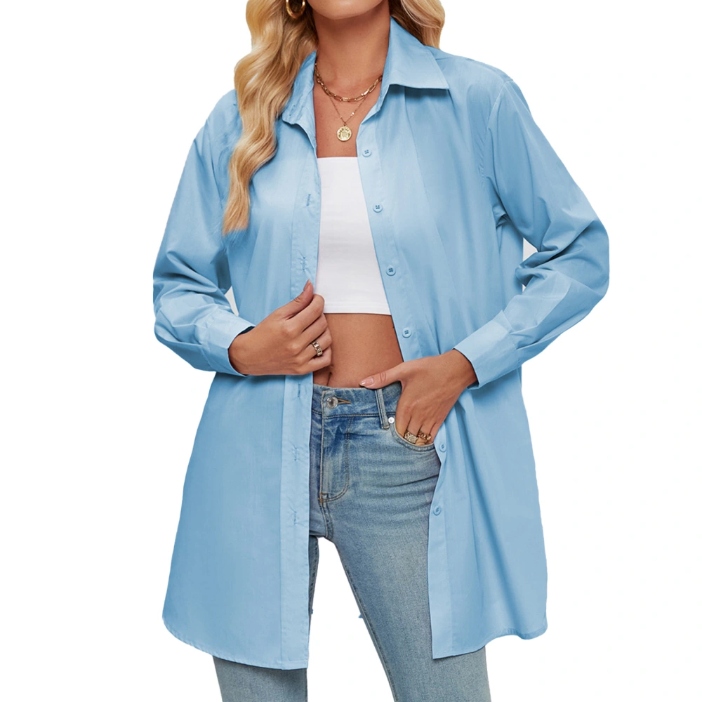 Women Long Button Up Tee Shirt Turn Down Collar Long Sleeve Casual Fitted Fashionable Plain Color Button Up Blouse Blue S